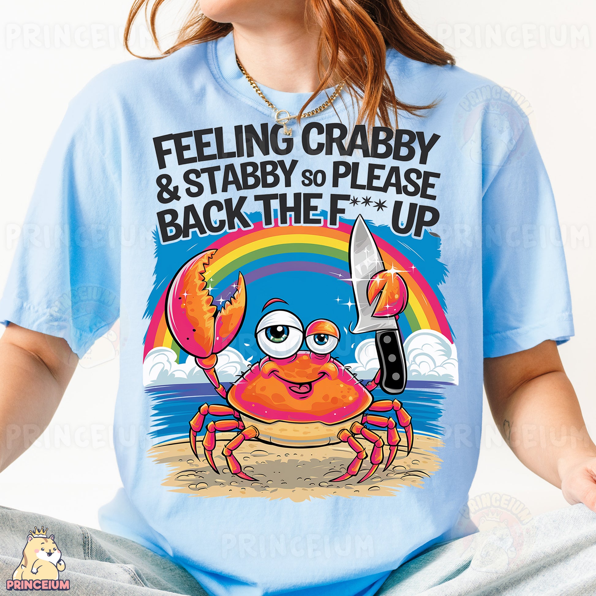a woman wearing a t - shirt that says feeling crabby and stabby to