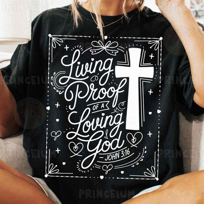 a woman sitting on a couch wearing a t - shirt with a cross on it