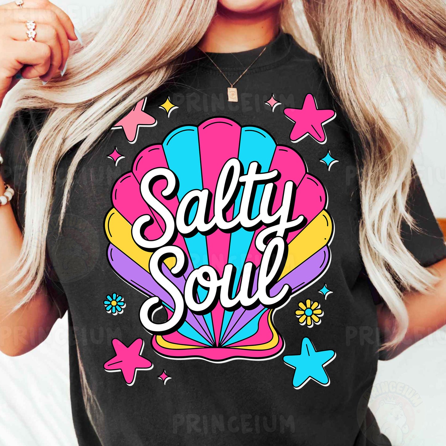 a woman wearing a black shirt that says salty soul