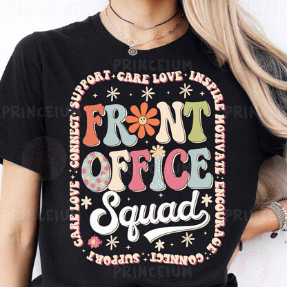 a woman wearing a black shirt that says front office squad
