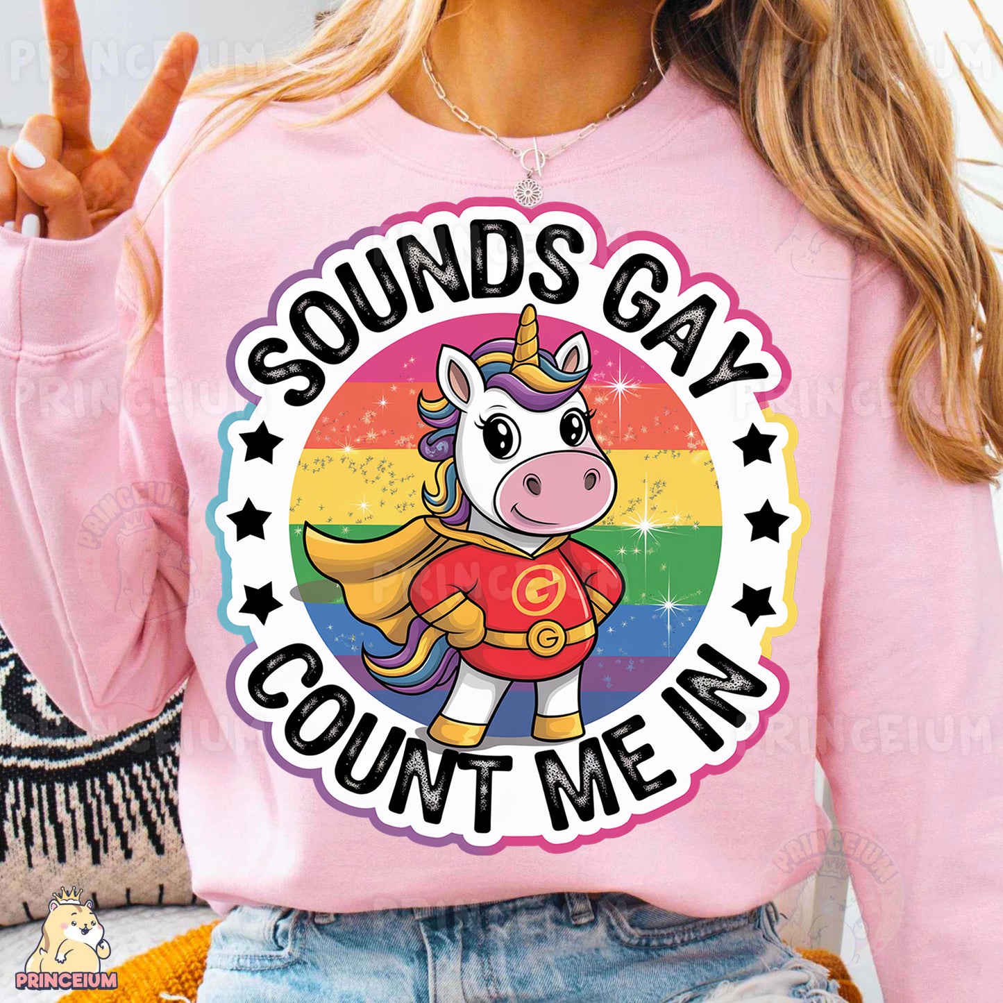 a woman wearing a pink sweatshirt that says sounds gay count me in