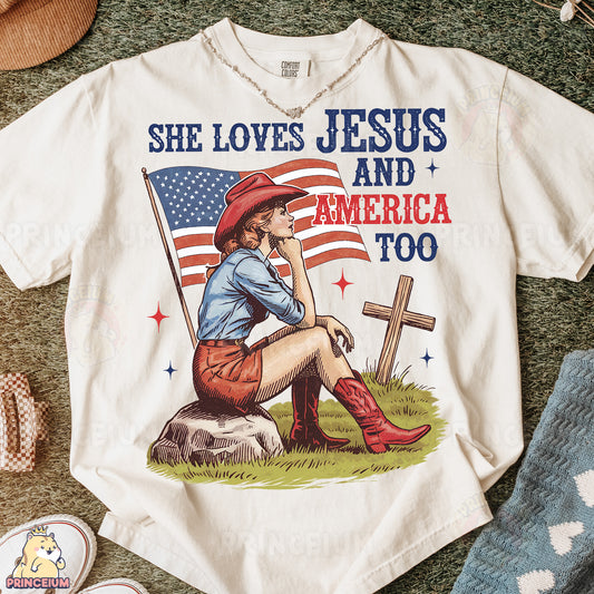 a t - shirt that says she loves jesus and america too