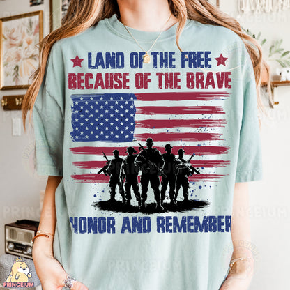 a woman wearing a t - shirt that says land of the free because of the
