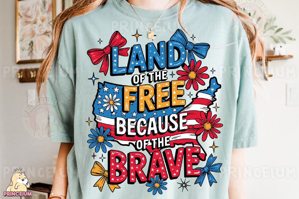 a woman wearing a t - shirt that says land of the free because of the