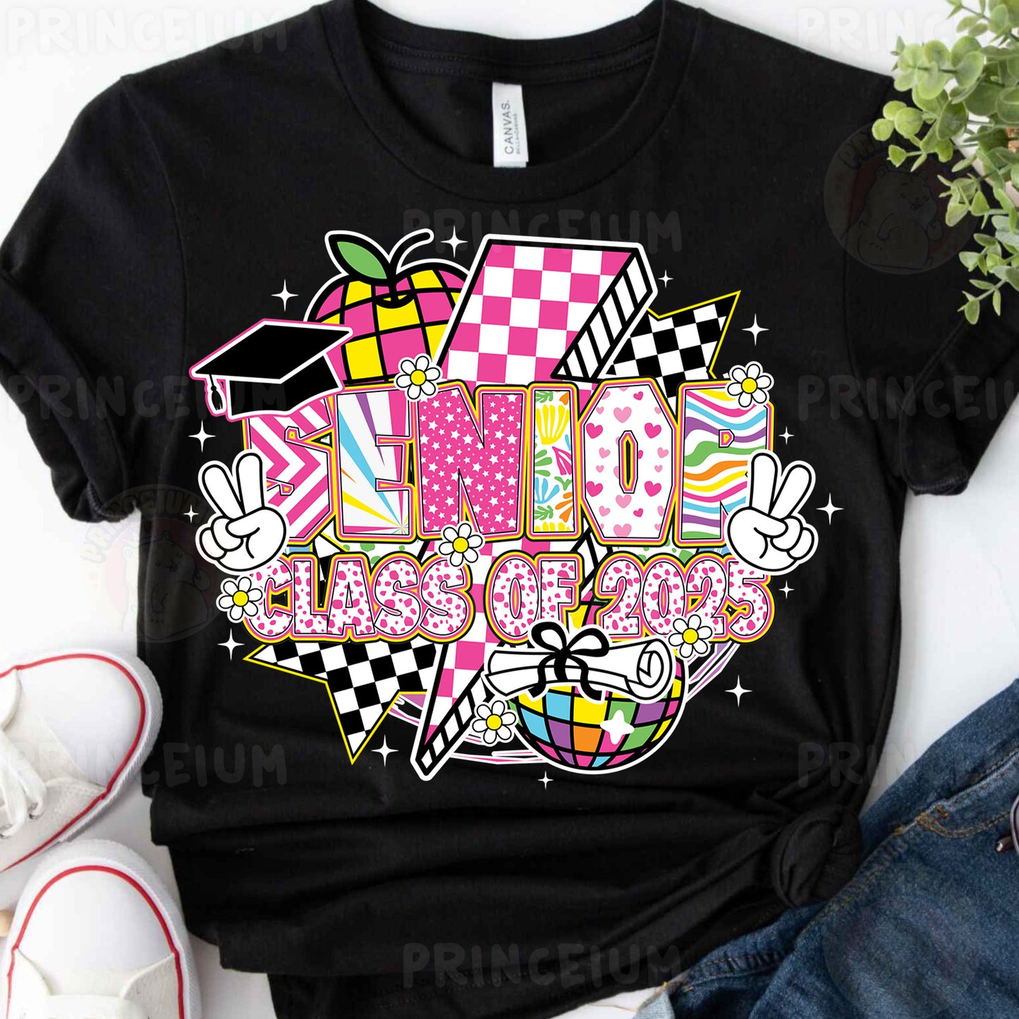 a black tshirt with a pink and white checkered design