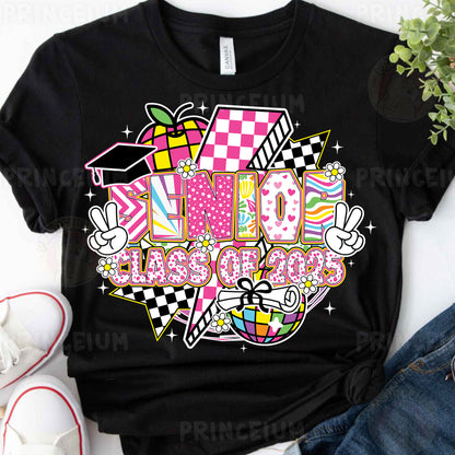a black tshirt with a pink and white checkered design
