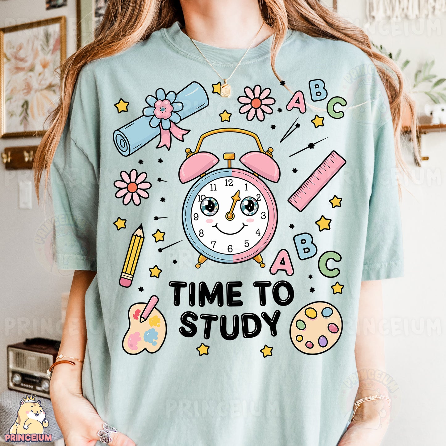a woman wearing a t - shirt that says time to study