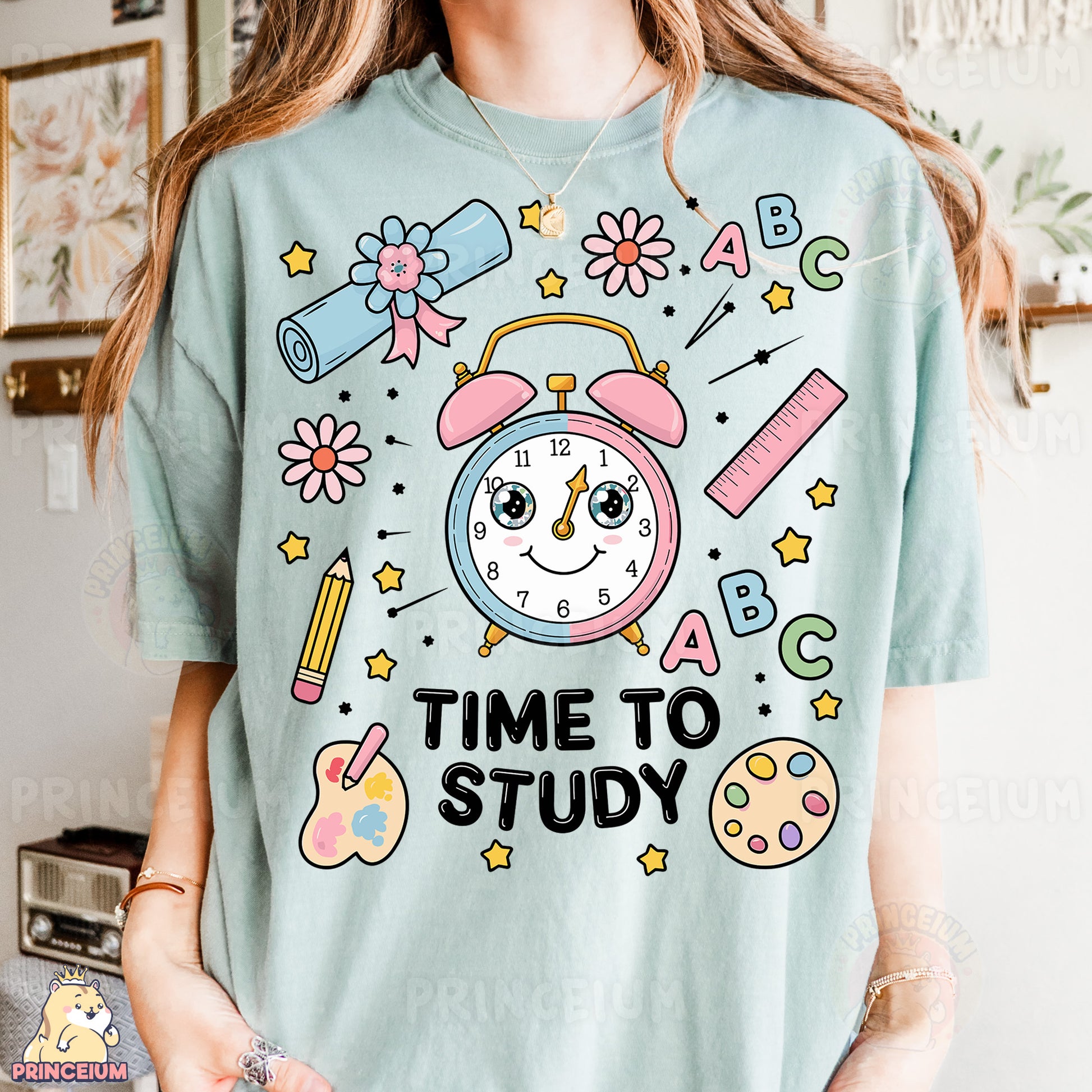 a woman wearing a t - shirt that says time to study