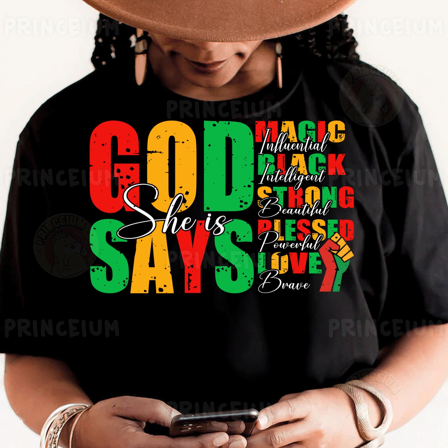 a woman wearing a black t - shirt with the words god says on it