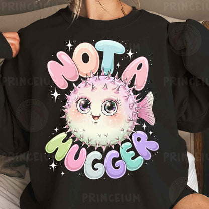 a woman wearing a black shirt with a pink puffy cat on it
