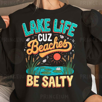 a woman wearing a lake life crew sweatshirt