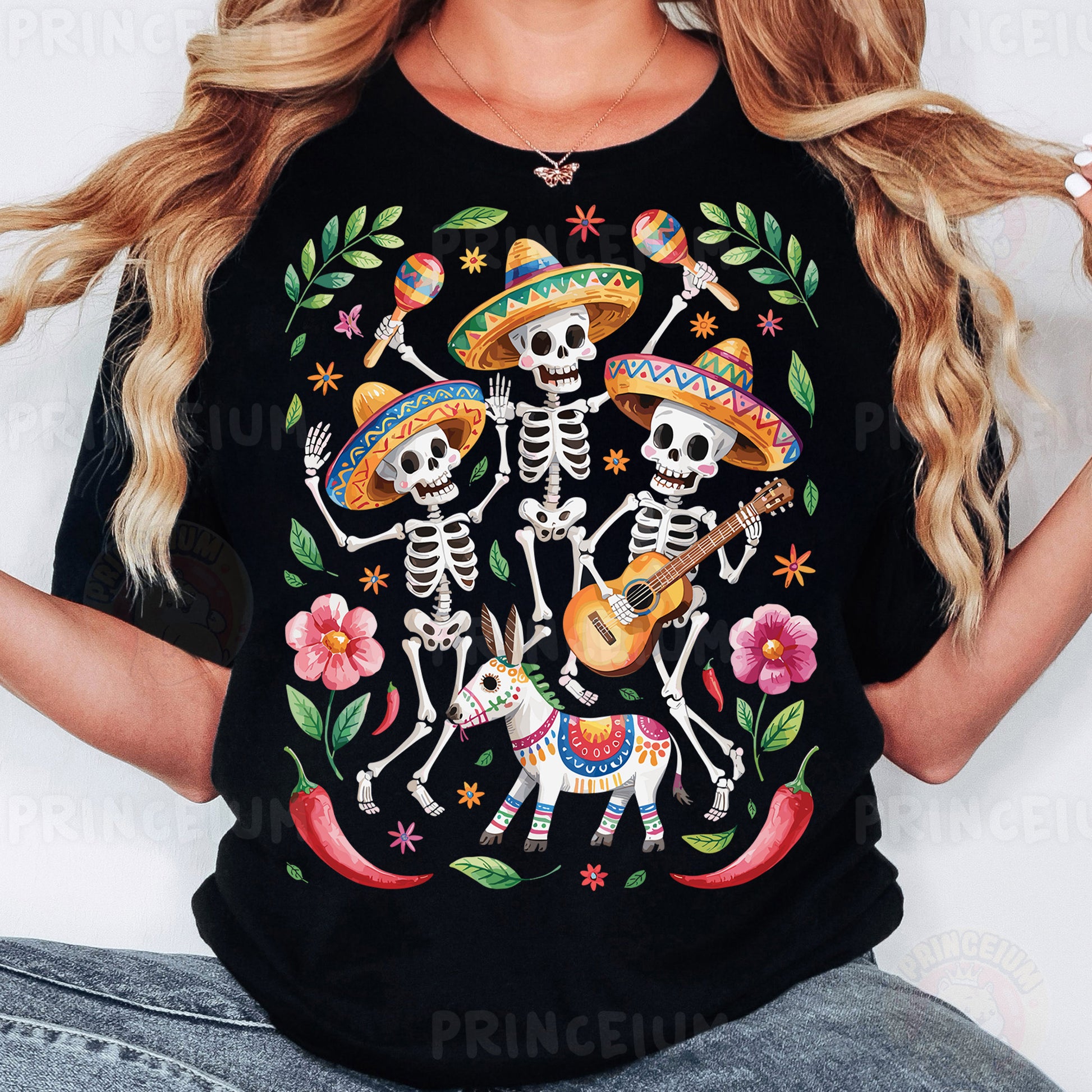 a woman wearing a black t - shirt with a skeleton design