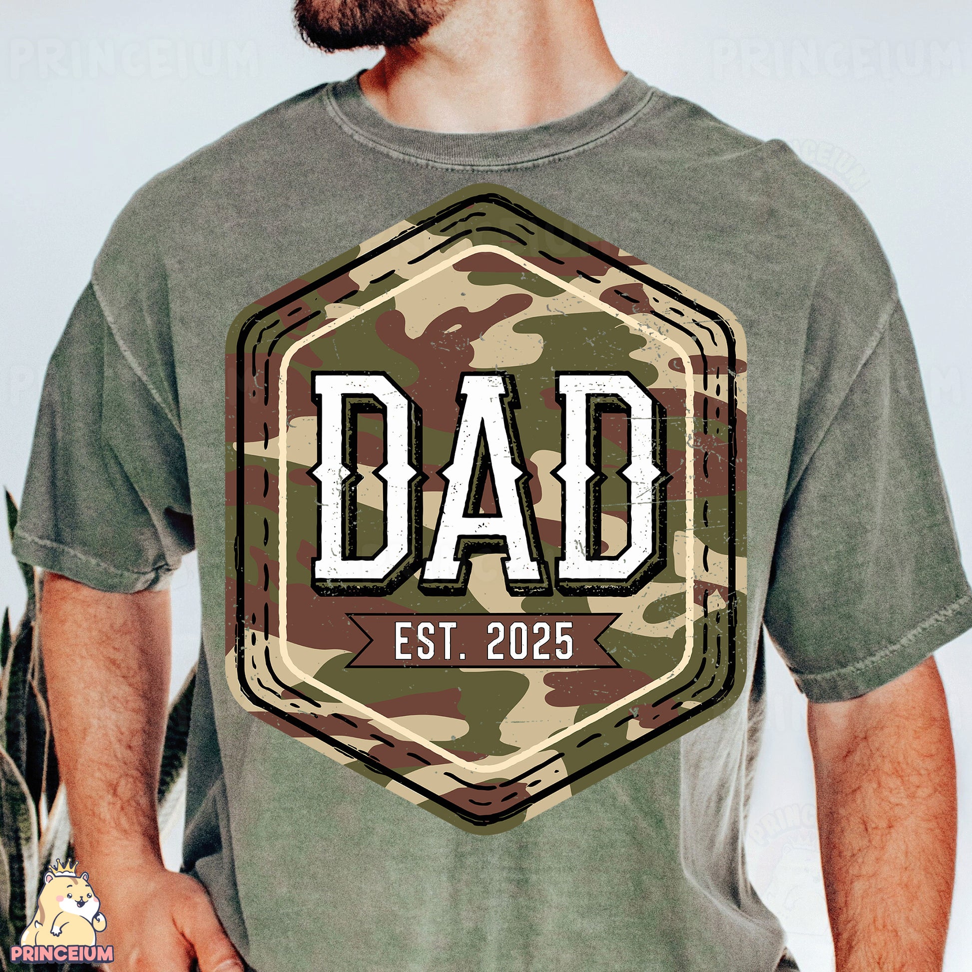 a man with a beard wearing a camo shirt