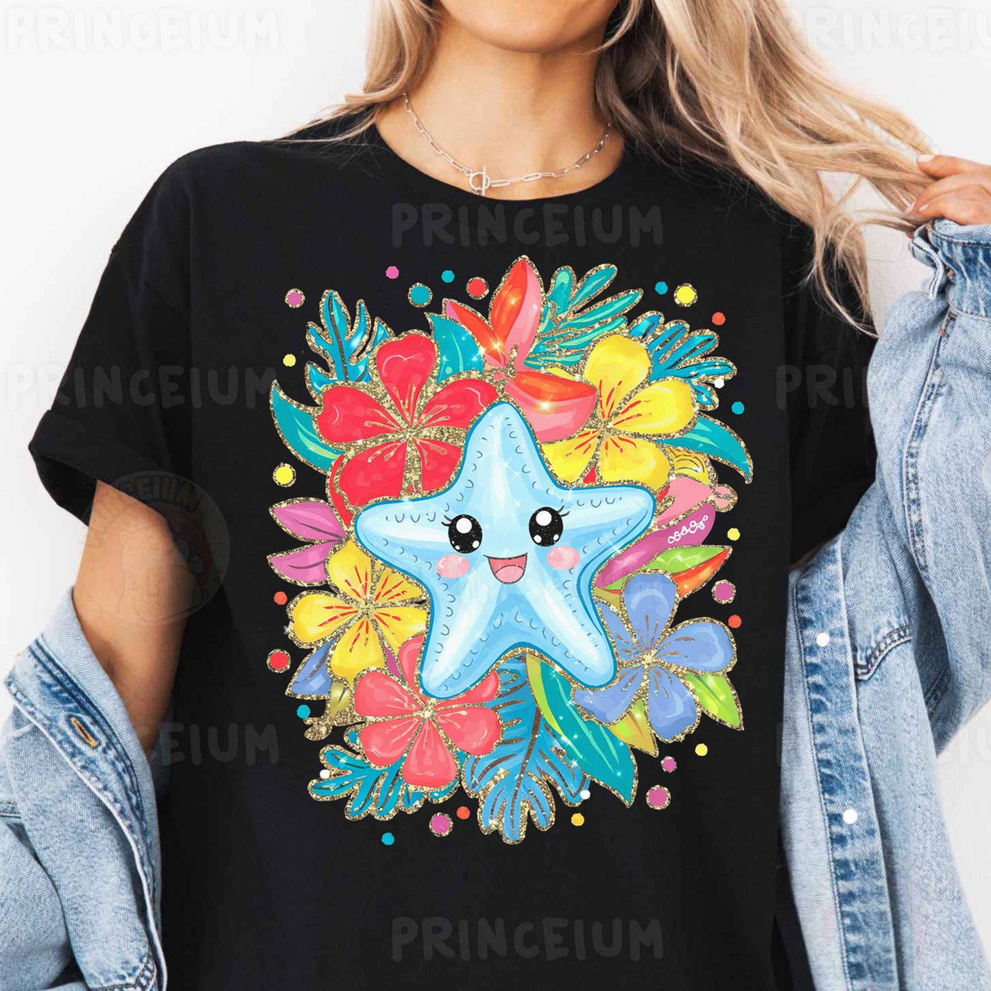 a woman wearing a black shirt with a starfish on it