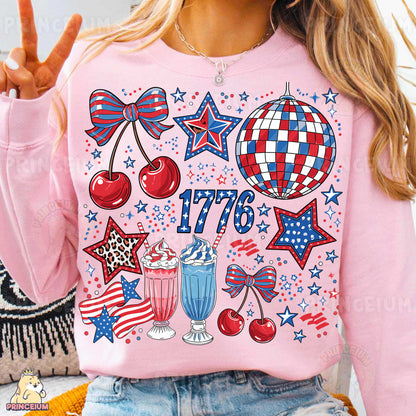 a woman wearing a pink shirt with american symbols on it