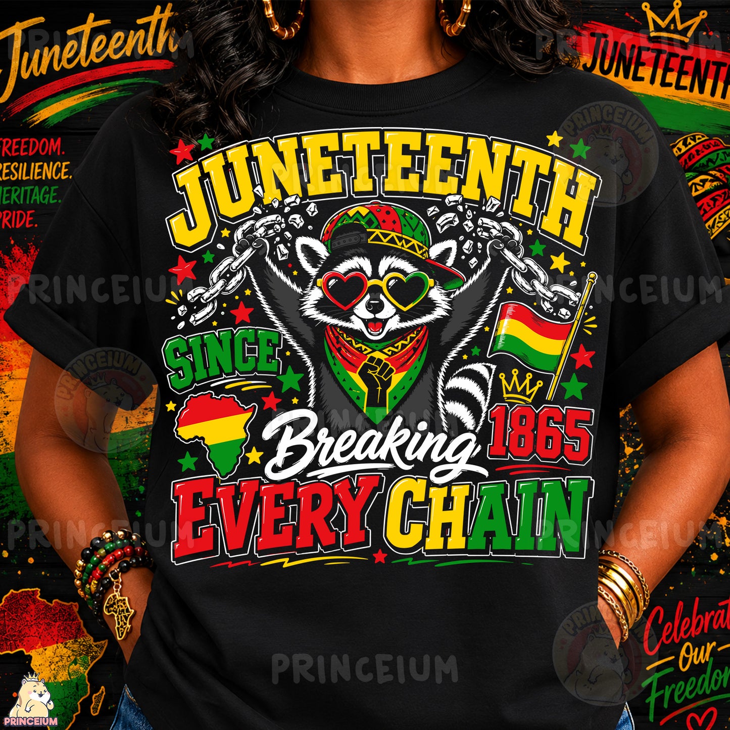 Juneteenth Raccoon Breaking Every Chain Sublimation Design PNG | Freedom Day 1865 Digital Download