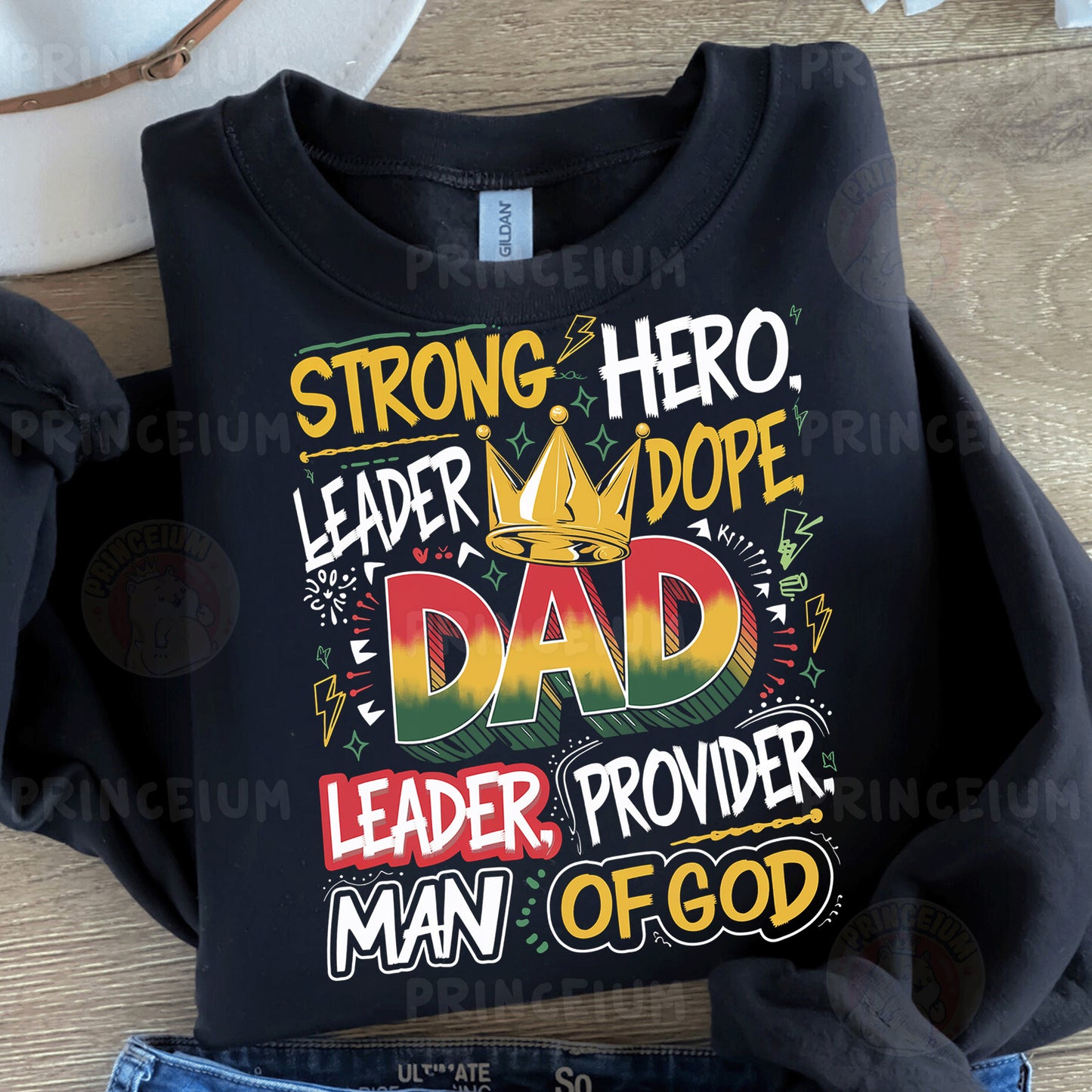 a t - shirt that says, strong hero, leader, power man of god