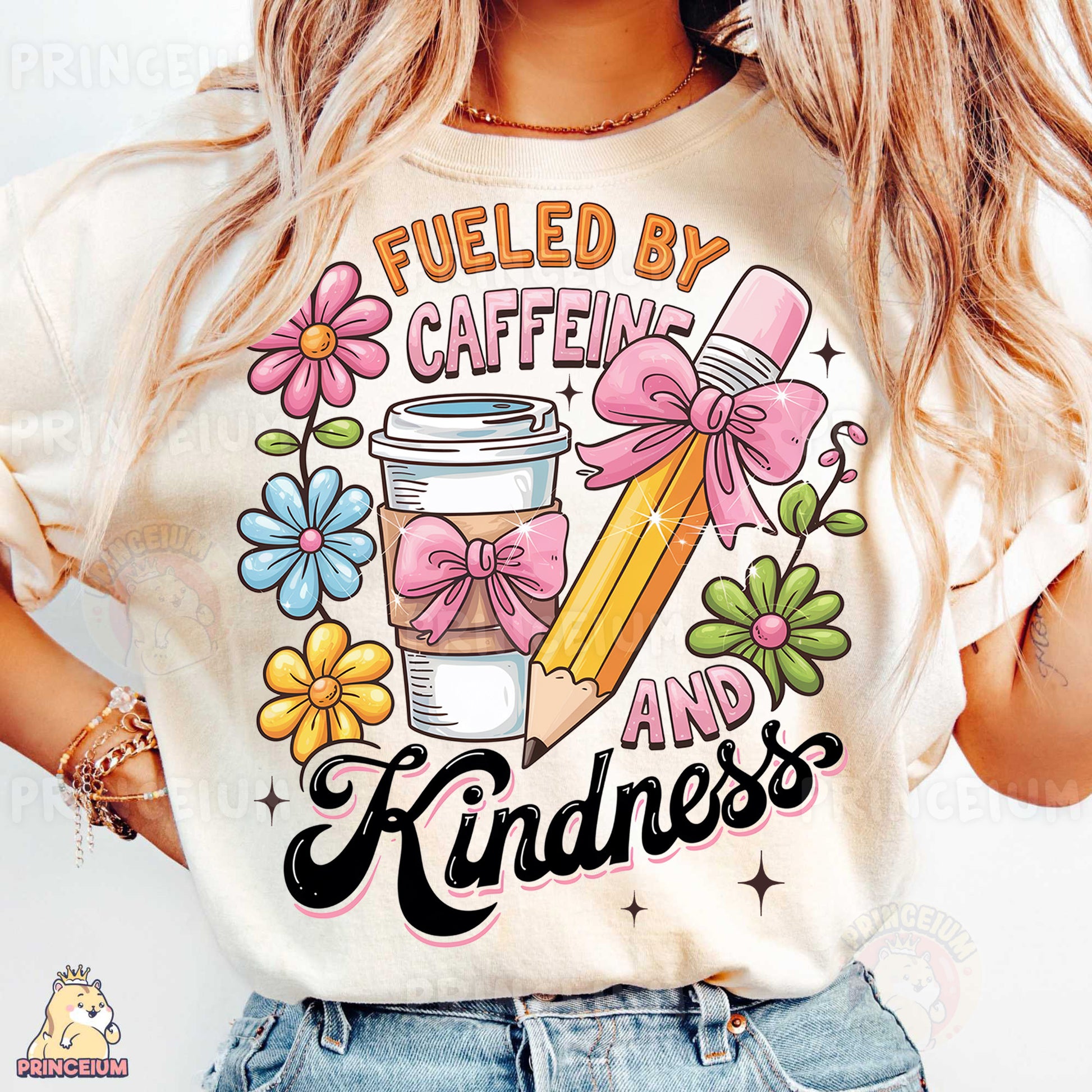 a woman wearing a t - shirt that says fueled by caffeine and kindness