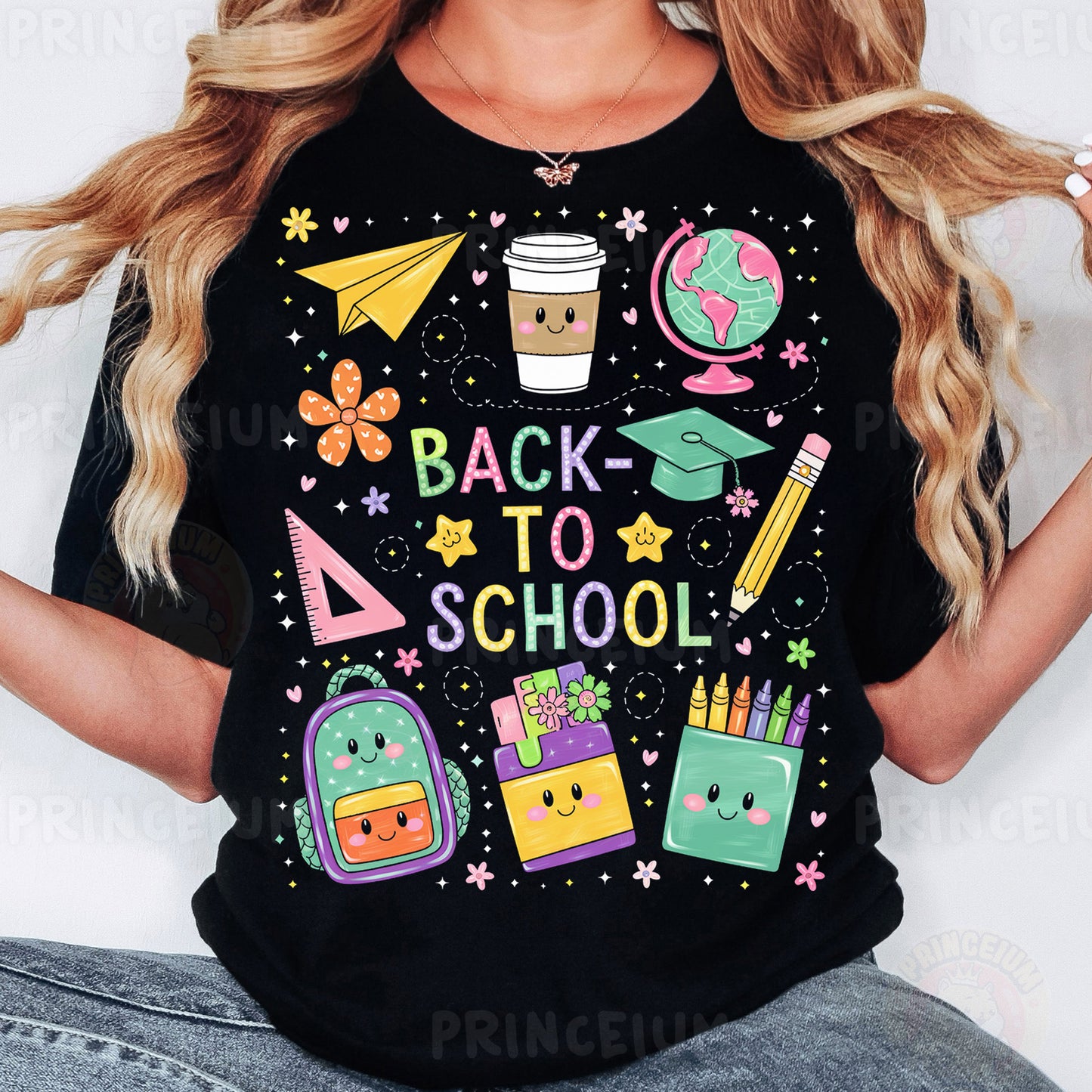 a woman wearing a black back to school shirt