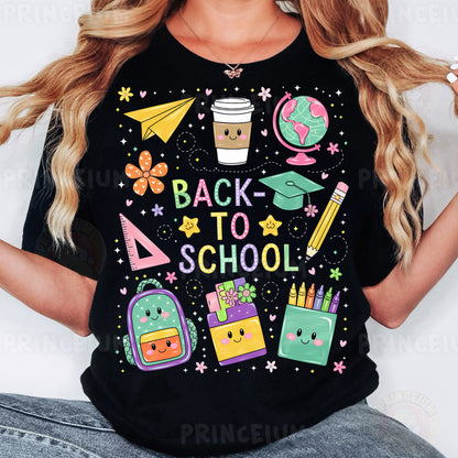 a woman wearing a black back to school shirt