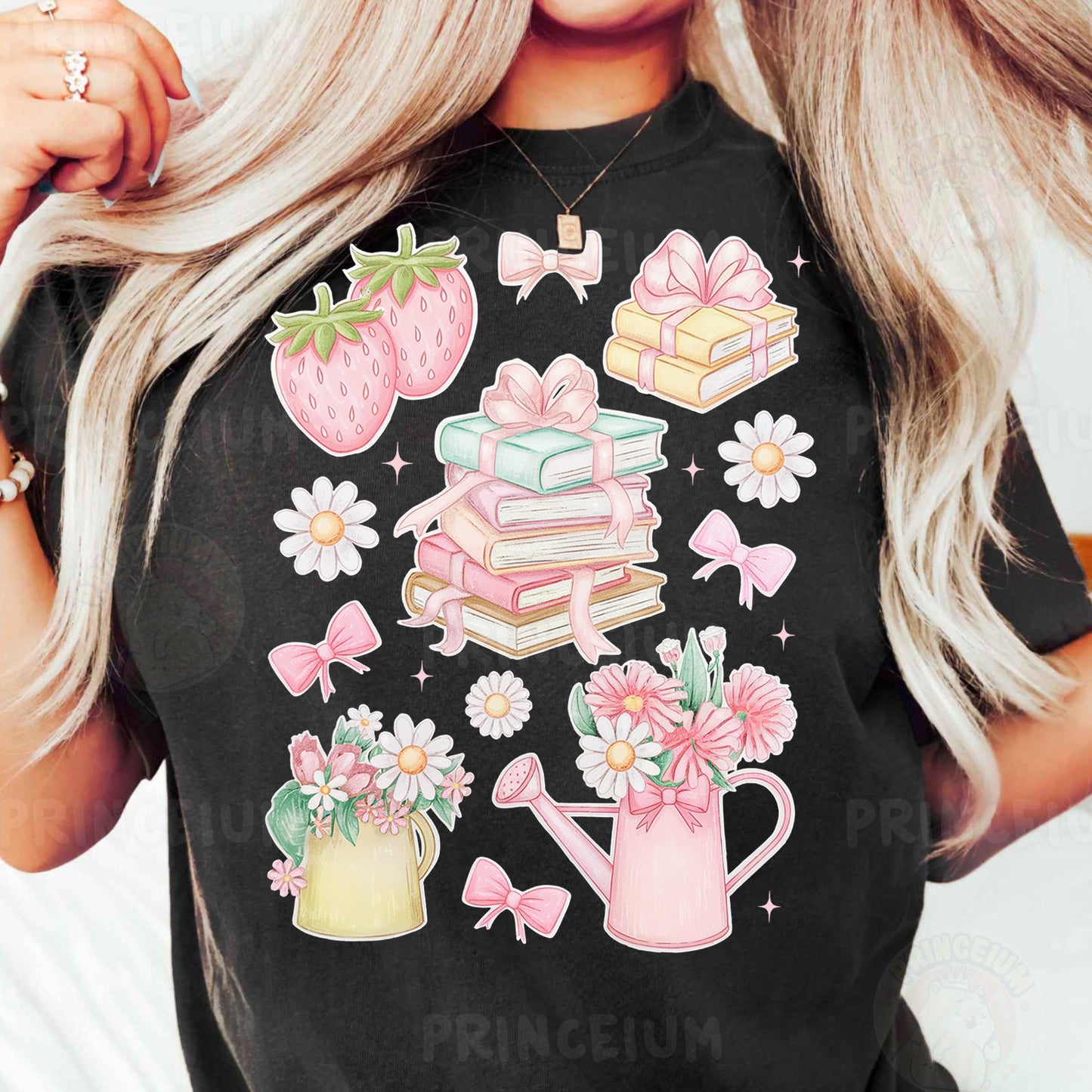a woman wearing a black shirt with pink flowers and strawberries on it