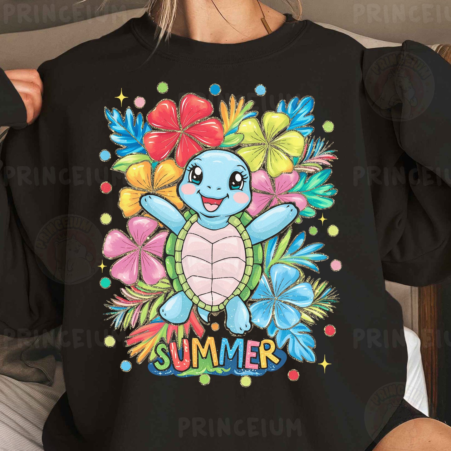 a woman wearing a black shirt with a turtle on it