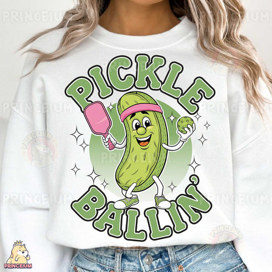 a woman wearing a pickle ballin shirt