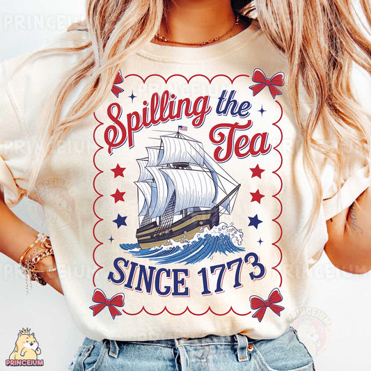 a woman wearing a t - shirt that says spilling the tea since it's