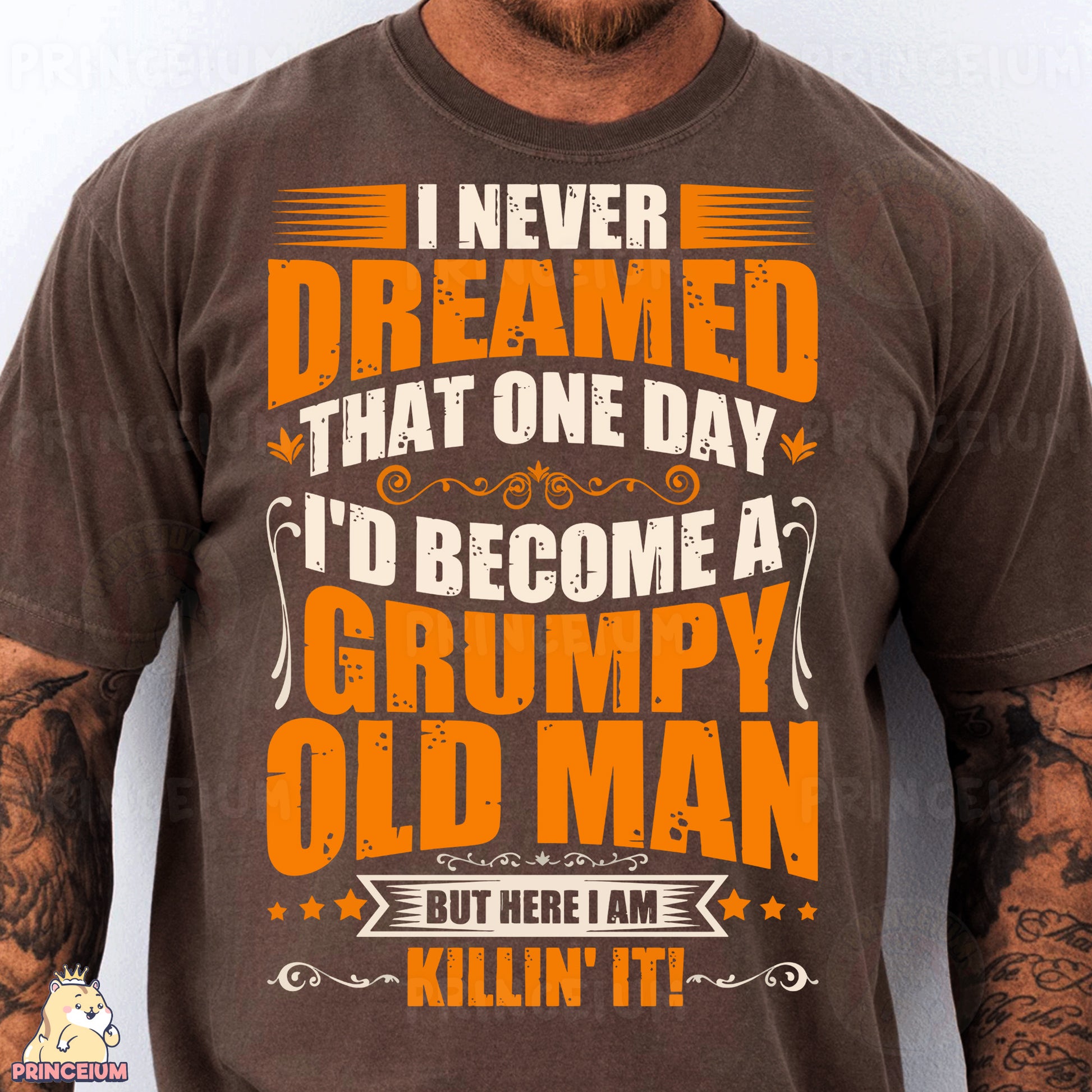 a man with a tattooed arm wearing a brown shirt