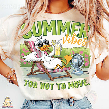 a woman wearing a t - shirt that says summer vibes too hot to move