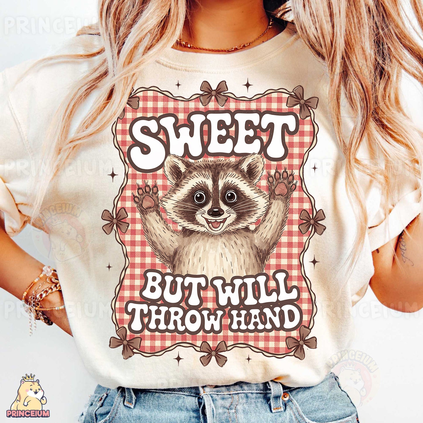 a woman wearing a t - shirt with a raccoon on it