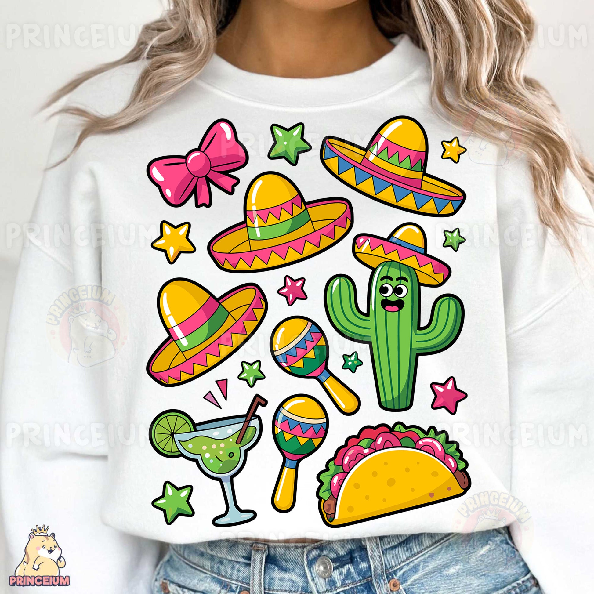 a woman wearing a white sweatshirt with colorful mexican icons on it