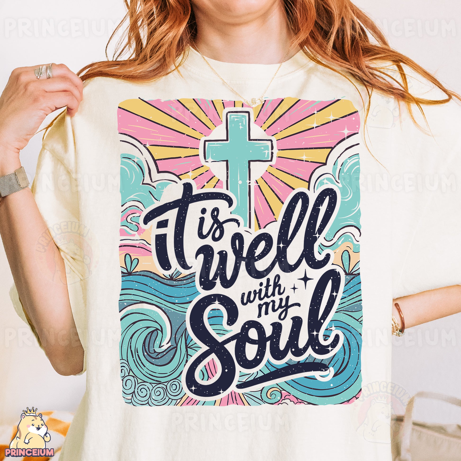 a woman wearing a t - shirt that says it's well with my soul