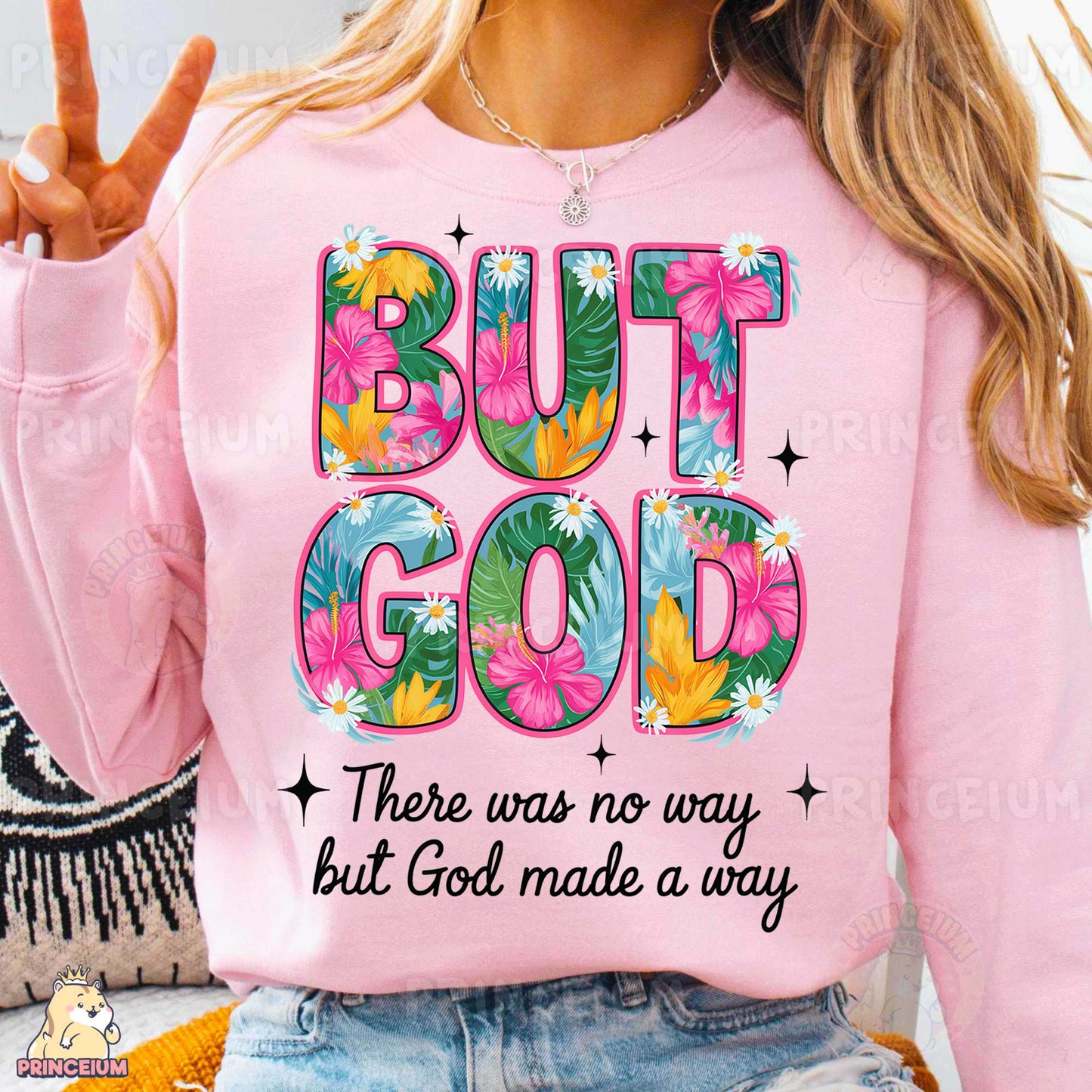 a woman wearing a pink shirt that says, but god there was no way but