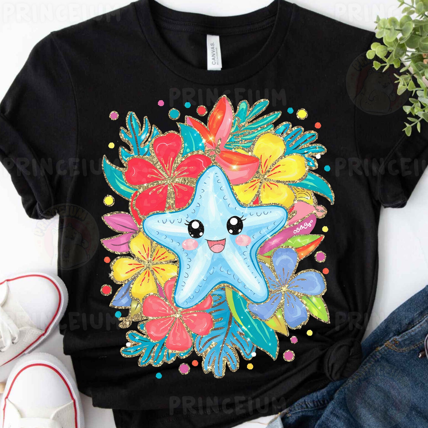 a t - shirt with an image of a starfish surrounded by flowers