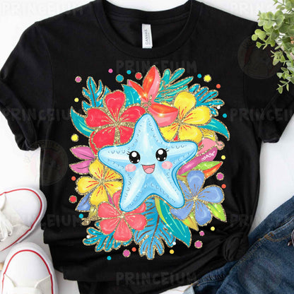 a t - shirt with an image of a starfish surrounded by flowers