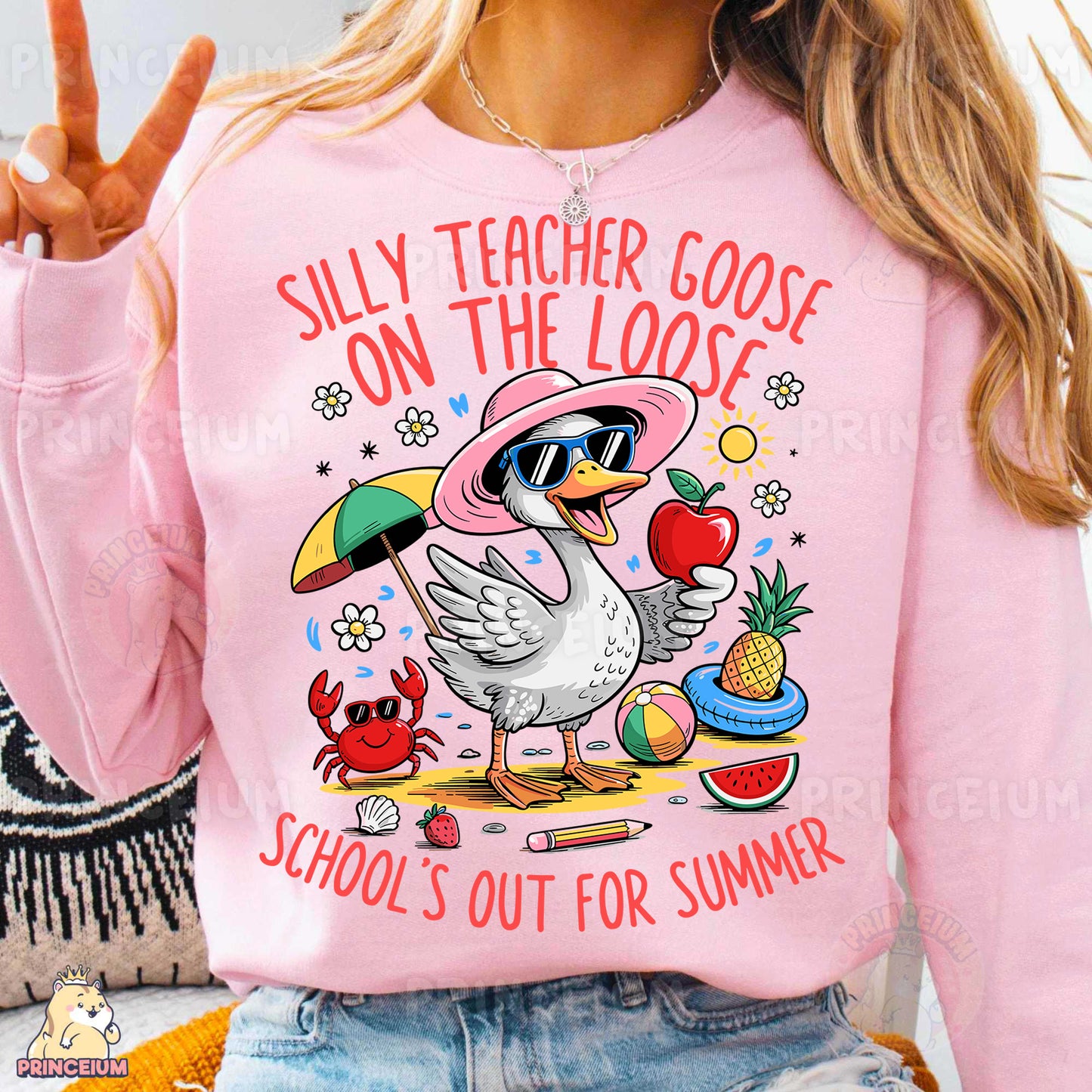 a woman wearing a pink shirt with a bird on it