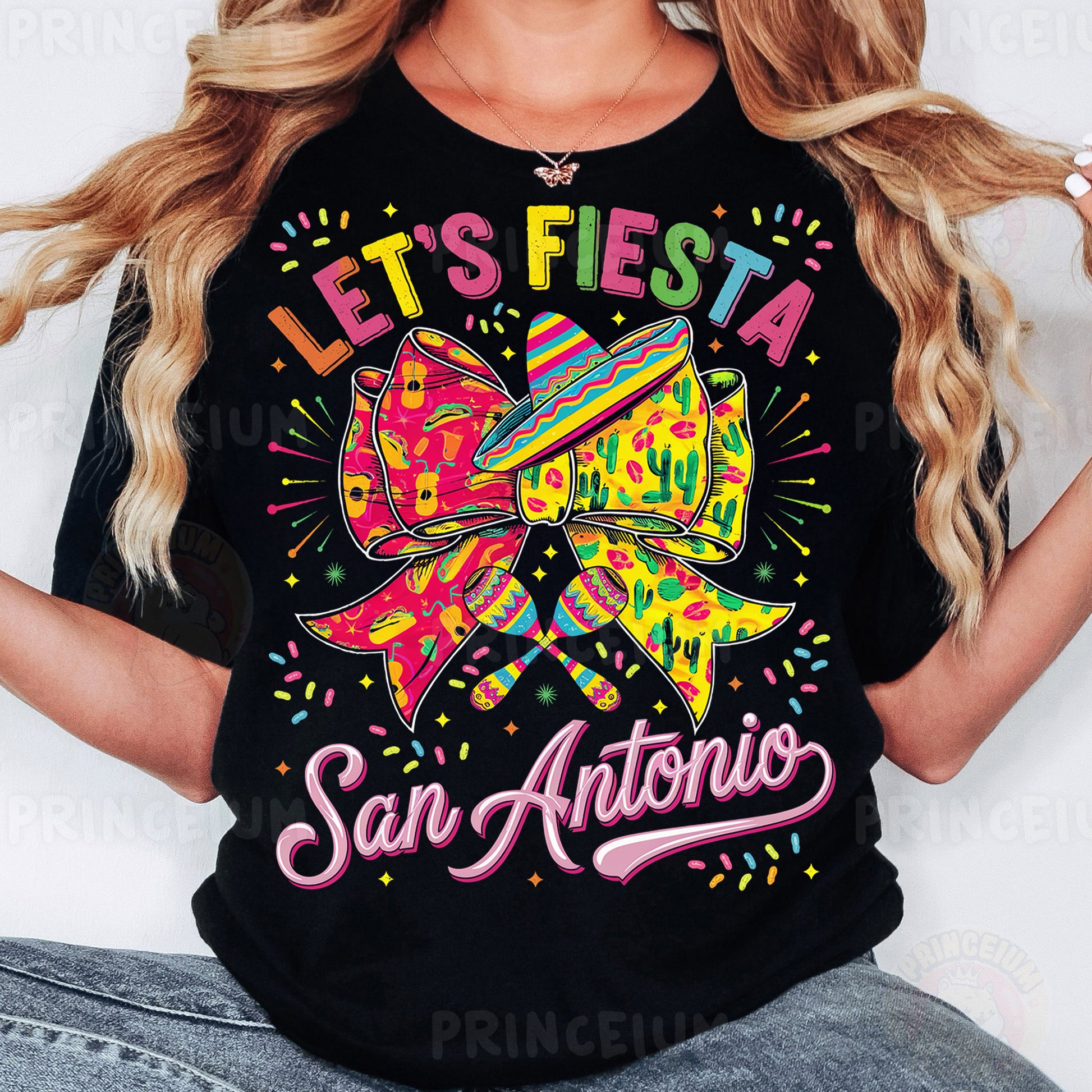 a woman wearing a black tshirt that says let's festa san