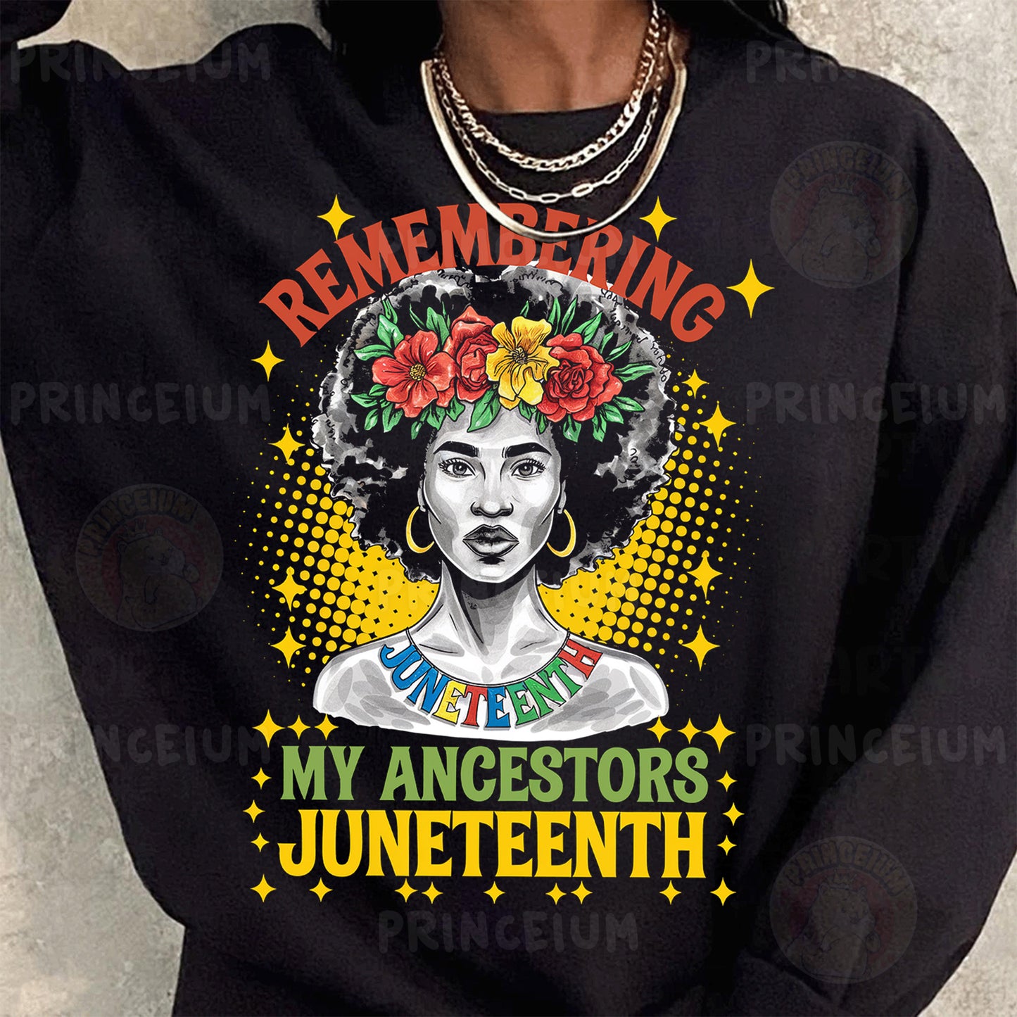 a woman wearing a black sweatshirt with flowers in her hair