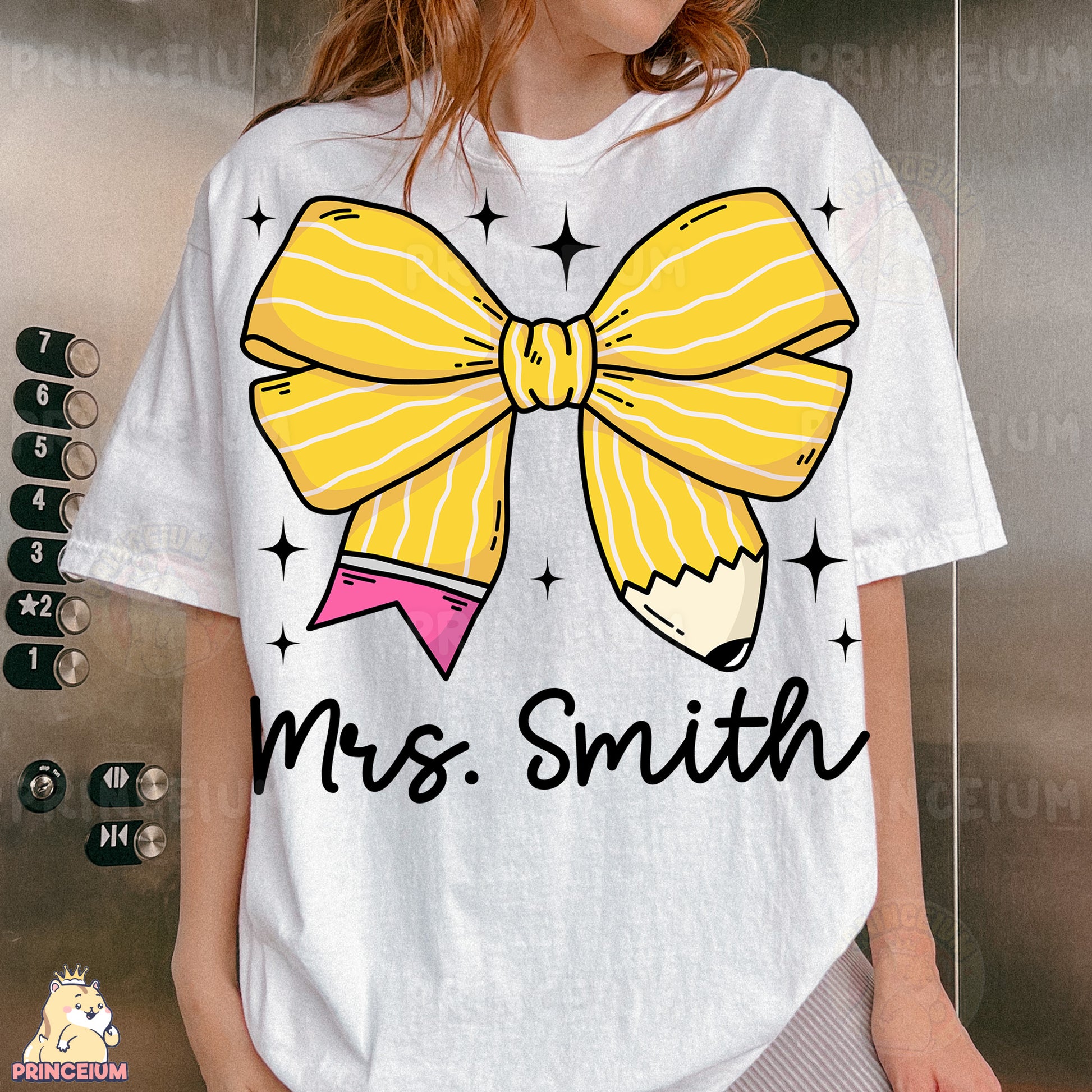 a woman wearing a white tshirt with a yellow bow