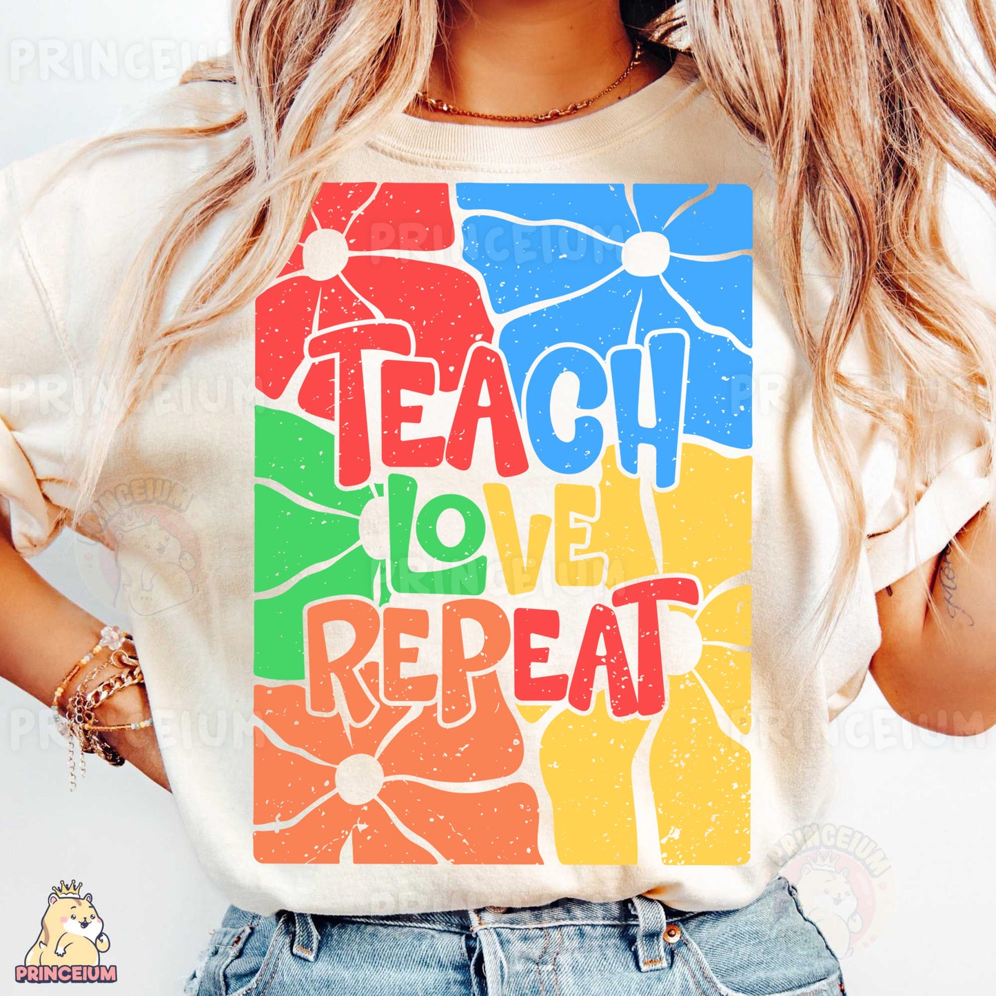 a woman wearing a t - shirt that says teach love repeat
