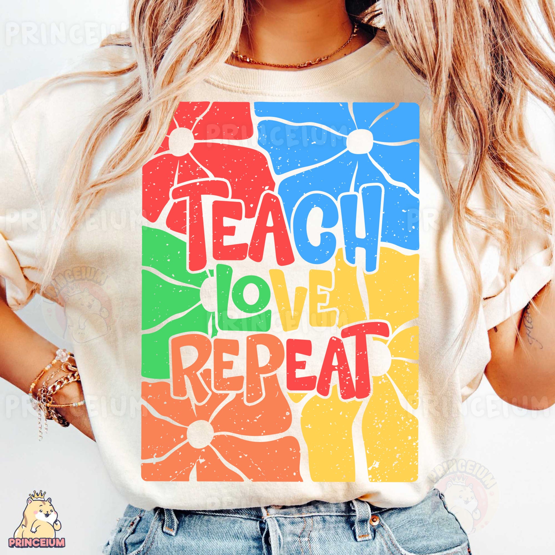 a woman wearing a t - shirt that says teach love repeat