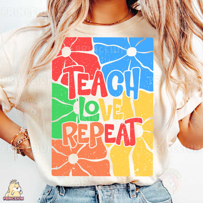 a woman wearing a t - shirt that says teach love repeat