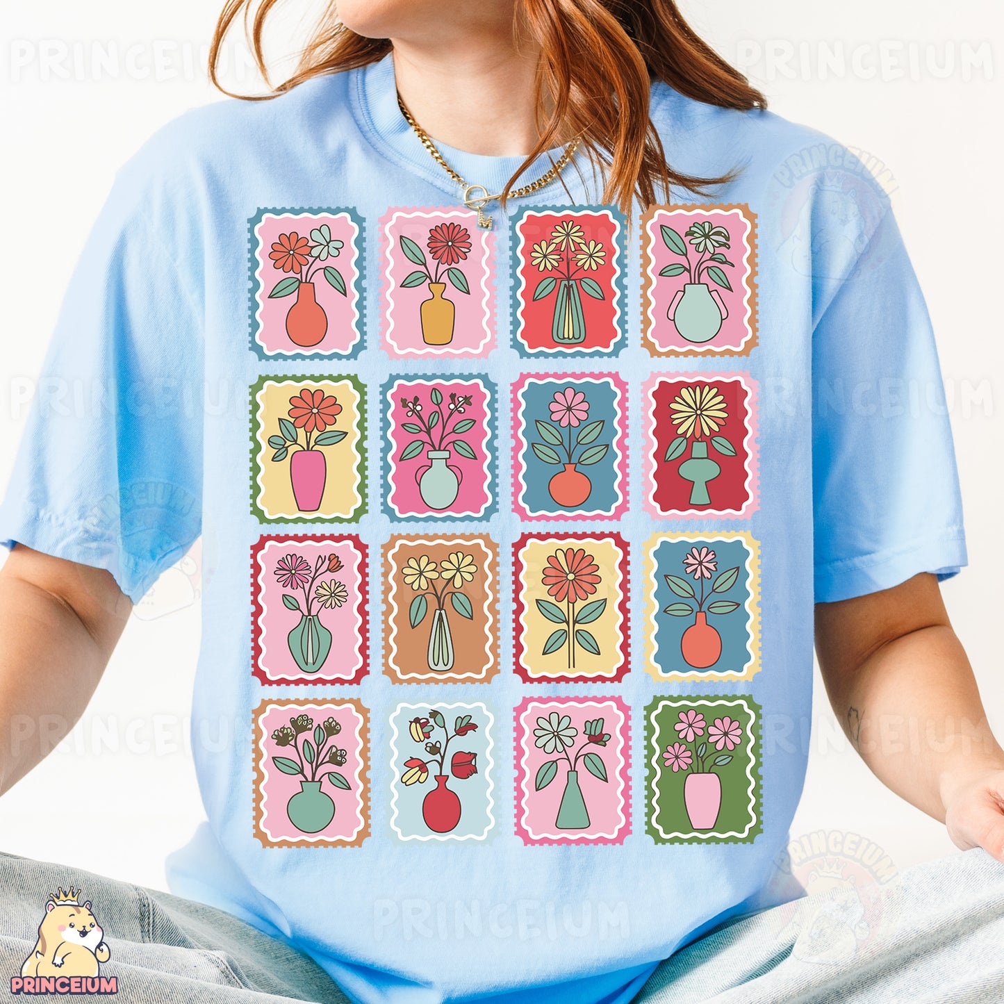 a woman wearing a t - shirt with a bunch of flowers on it