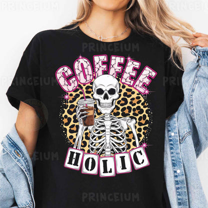 a woman wearing a black coffee holic t - shirt