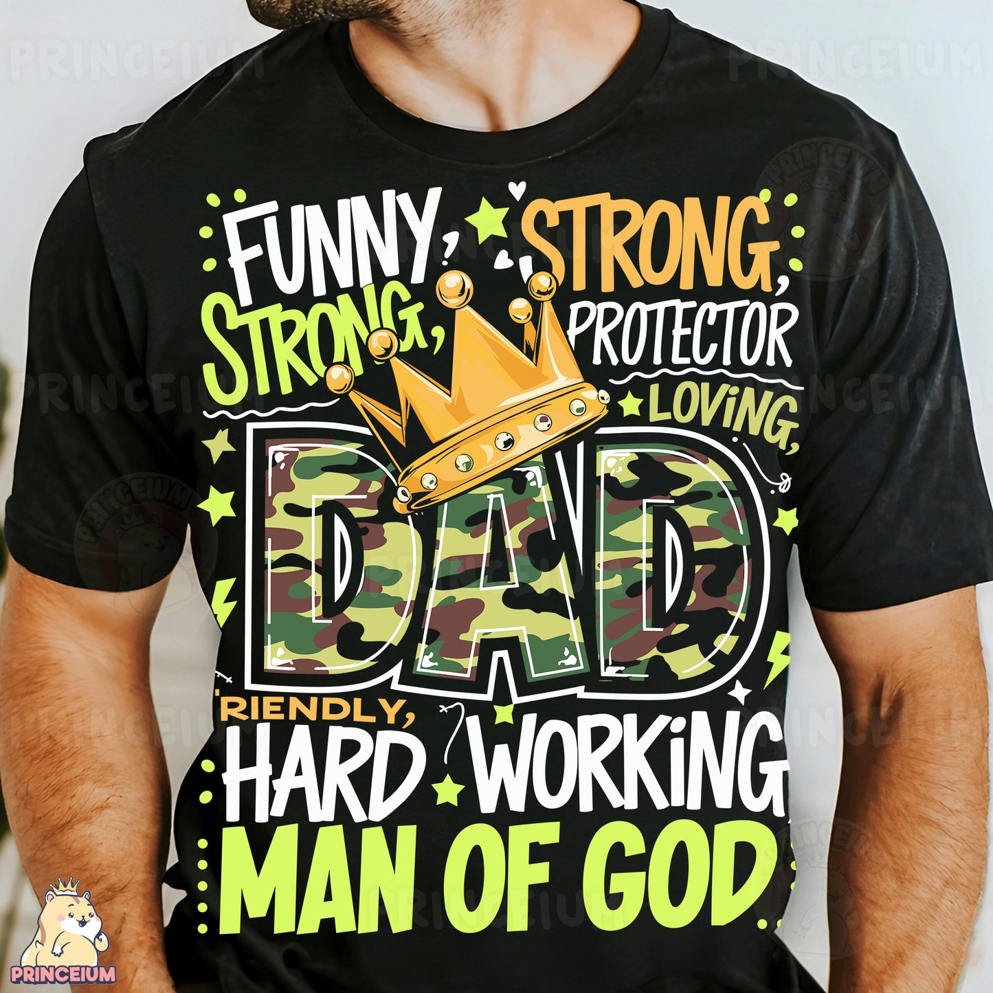 a man wearing a funny t - shirt with a crown on it