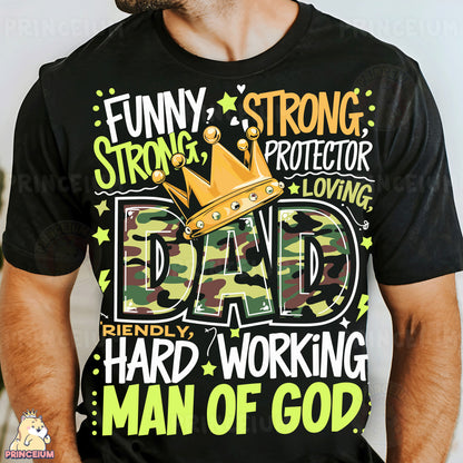 a man wearing a funny t - shirt with a crown on it