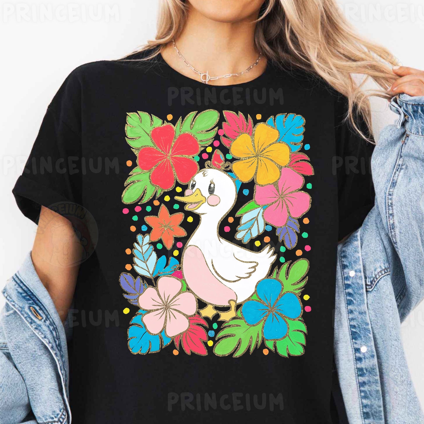 a woman wearing a black shirt with a duck and flowers on it