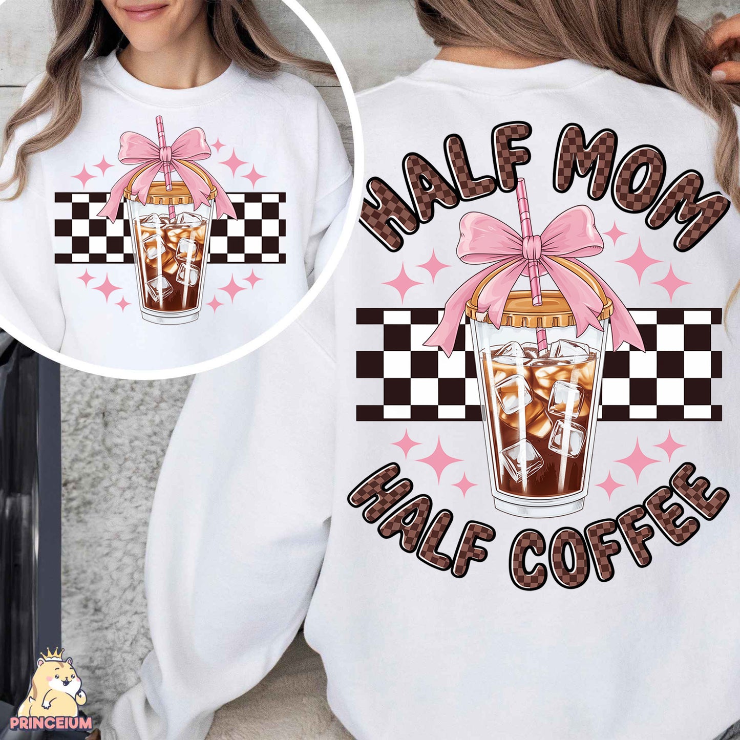 a woman wearing a white shirt with a pink bow on it