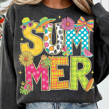 a woman wearing a black shirt that says summer